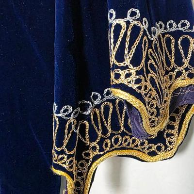 Hand-Embroidered Navy Velvet Kaftan Dress with Gold & Silver Threadwork, Long Formal Evening Gown