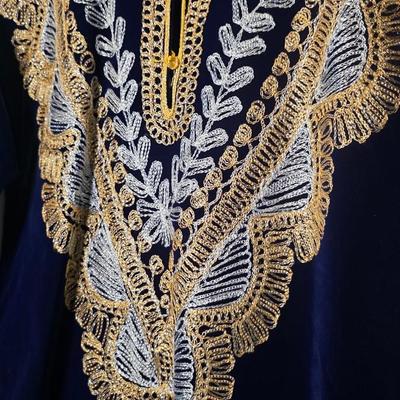 Hand-Embroidered Navy Velvet Kaftan Dress with Gold & Silver Threadwork, Long Formal Evening Gown