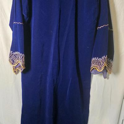 Hand-Embroidered Navy Velvet Kaftan Dress with Gold & Silver Threadwork, Long Formal Evening Gown