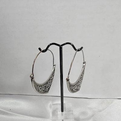 Vintage Filigree Crescent Hoop Earrings in Antiqued Silver Tone