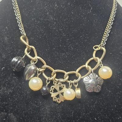 Mixed-Metal Charm Necklace with Faux Pearl & Decorative Drop Accents