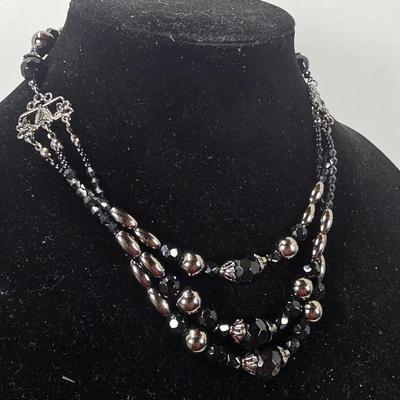 Vintage Black & Silver Multi-Strand Beaded Necklace with Faceted Glass and Metallic Accents
