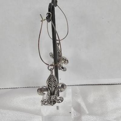 Vintage Silver-Tone Fleur-de-Lis Drop Earrings on Elongated French Hooks