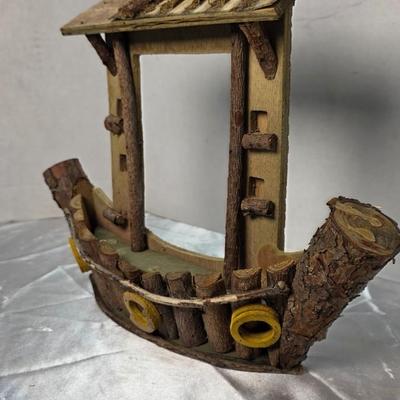 Handmade Rustic Wooden Boat Décor with Cabin – Vintage Folk Art Woodcraft