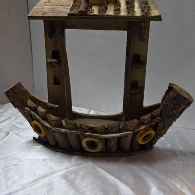 Handmade Rustic Wooden Boat Décor with Cabin – Vintage Folk Art Woodcraft