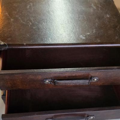 LOCAL PICKUP ONLY - Vintage Trunk Style Leather End Table with Two Drawers and Woven Shelf