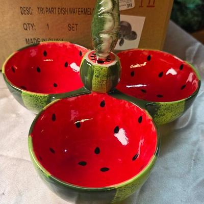 Boston International Watermelon Ceramic Tri-Section Serving Dish with Leaf Handle