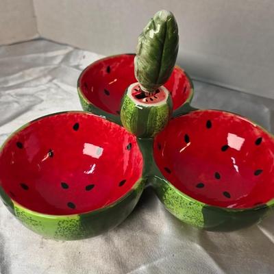 Boston International Watermelon Ceramic Tri-Section Serving Dish with Leaf Handle