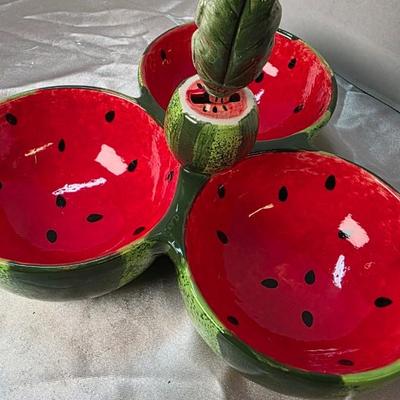Boston International Watermelon Ceramic Tri-Section Serving Dish with Leaf Handle