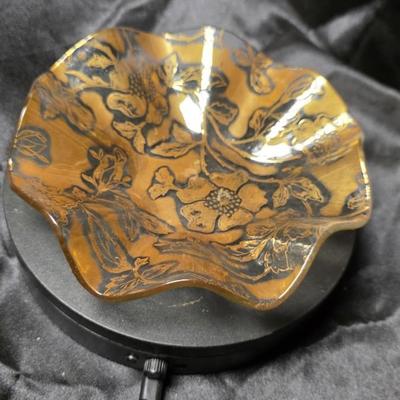 Vintage Mid-Century Modern Gold Floral Ruffled Glass Bowl – Handkerchief Edge Candy Dish