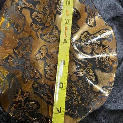 Vintage Mid-Century Modern Gold Floral Ruffled Glass Bowl – Handkerchief Edge Candy Dish