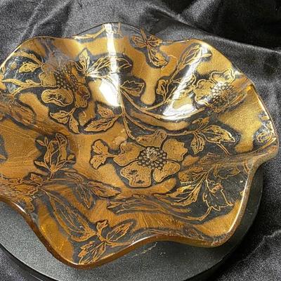 Vintage Mid-Century Modern Gold Floral Ruffled Glass Bowl – Handkerchief Edge Candy Dish