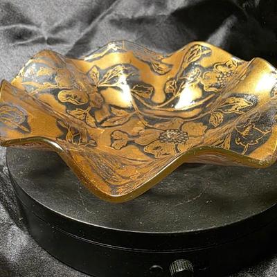 Vintage Mid-Century Modern Gold Floral Ruffled Glass Bowl – Handkerchief Edge Candy Dish