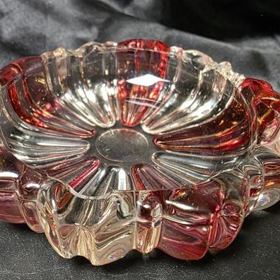 Vintage Anchor Hocking “Old Cafe” Cranberry & Clear Striped Glass Ashtray | Mid-Century Modern