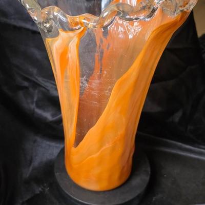 Hand-Blown Orange & Clear Art Glass Swung Vase with Ruffled Rim