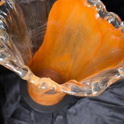 Hand-Blown Orange & Clear Art Glass Swung Vase with Ruffled Rim