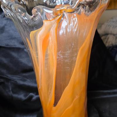 Hand-Blown Orange & Clear Art Glass Swung Vase with Ruffled Rim