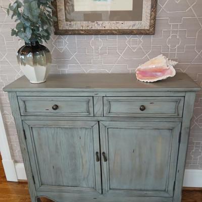 light aqua stained pine cabinet, Ethan Allen $575 starting price