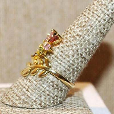 Size 9¼ Multicolor Flower Party Style Ring with Branch on a Gold Tone Band (3.7g)