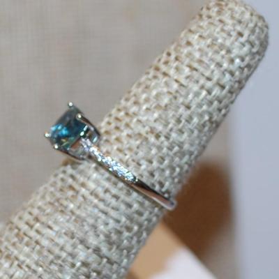 Size 6¾ Transparent Blue Stone Asscher Cut 4 Prong with Side Accents on a Silver Tone Band (1.4g)
