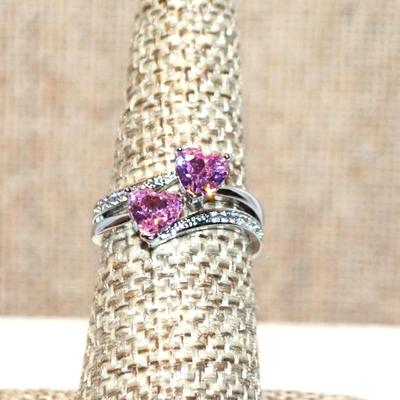 Size 7½ Double Pink Hearts Ring with Side Swirl Accents on a Silver Tone Band (3.3g)