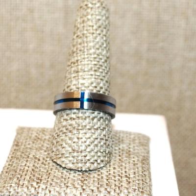 Size 9 Infinity Styled "Blue Line" Ring on a Blue Silver Tone Band (5.3g)