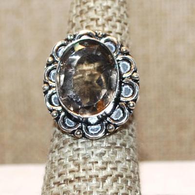 Size 9 SMOKEY TOPAZ OVAL Shape Transparent Glass Rhinestone Ring with a FULL Loop Rim Setting on a Silver Tone Band (5.1g)