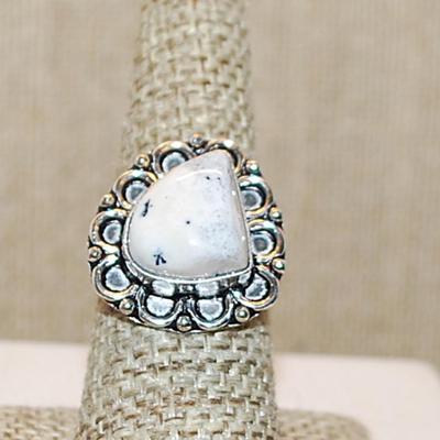 Size 8 Irregular Shaped TRIANGLE DENDRITE OPAL Gemstone Ring with a Full Surround on a Silver Tone Band (5.6g)
