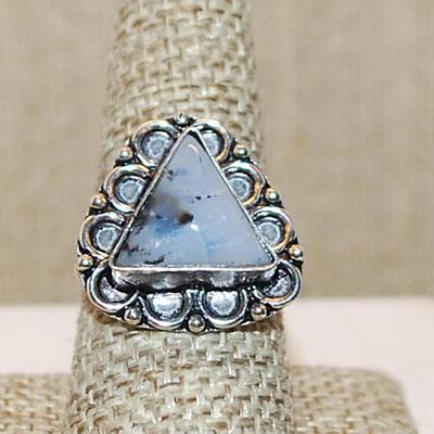 Size 9 TRIANGLE Shaped DENDRITE OPAL Gemstone Ring with a Full Loop Surround on a Silver Tone Band (4.6g)