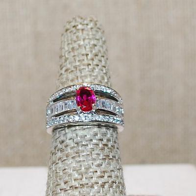 Size 6¼ Oval Deep PINK Stone Ring with Triple Rows of Clear Stones on a Silver Tone Band (5.2g)