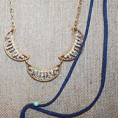 Unusual Double Style Necklace with 2 Swags of Metal, Stones & Cloth with Lobster Clasp 32" L