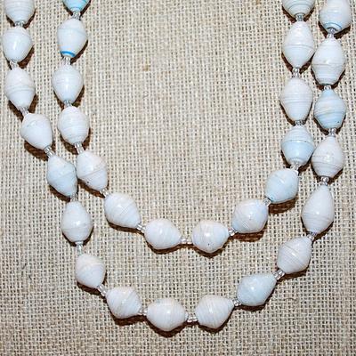 Pale White, Spectacled & Blue Striped Oval Teardrop Bead NECKLACE with Tiny Clear Spacers and Cylinder Screw Clasp 22" L