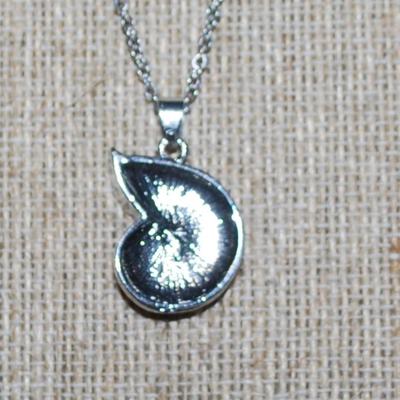 ORANGE Enameled Polymer Shell PENDANT (1" x ¾") on a Silver Tone Necklace Chain 18" L