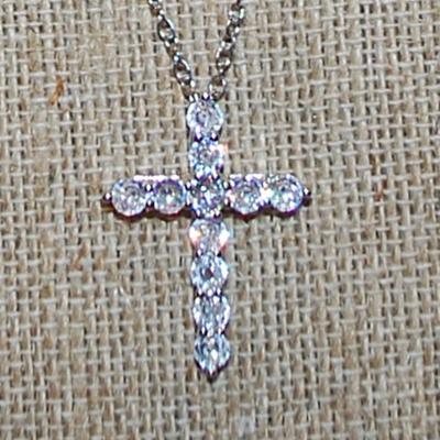 Diamond-Style Clear Stones CROSS with 7 Down & 5 Across Setting 1" x ¾" on a Silver Tone Necklace Chain 16" L