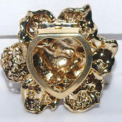 Beautiful ROSE STYLE BROOCH (2" Diam.) with Iridescent and Pink Stone Center & Gold Colored Petals and SNAP CLOSURE on a Gold...