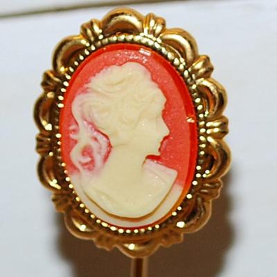Gold Oval Perimeter Red & White CAMEO HAT PIN (4" L) with Screw-on Security Clasp