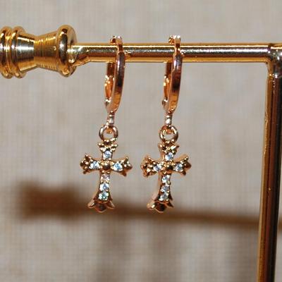 Delicate Dark Gold Tone CROSS Earrings (¾" x ½") Set with a Huggie Clasp