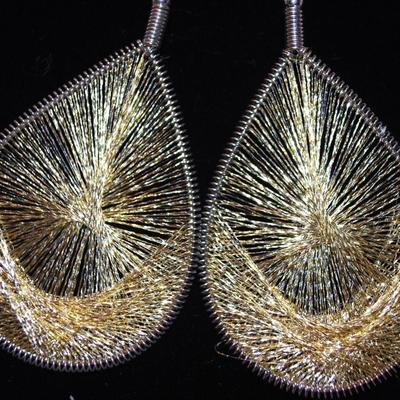 Gold Lame' Styled Threaded Teardrop Earrings 3½" L