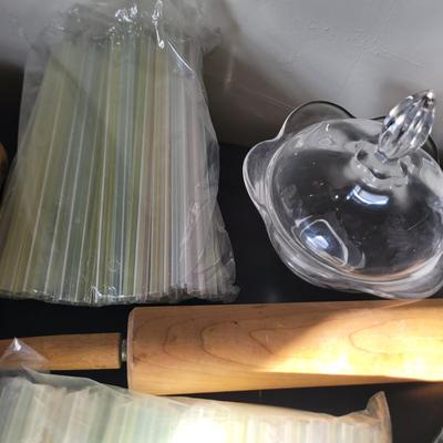 Sale Photo Thumbnail #539: Grater, big straws, red silicone baking and pastry mat with measurement markings, rolling pins, butter dish, serving platter, everything pictured