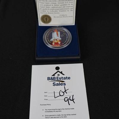 Space Shuttle Columbia Colorized Silver Dollar w/ Certificate – American Historic Society