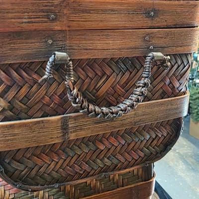 Vintage Woven Bamboo Nesting Trunk Set (3-Piece) with Domed Lids & Brass Latches