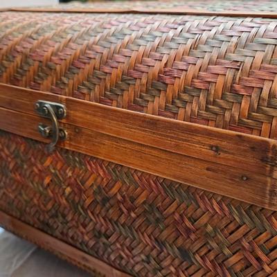Vintage Woven Bamboo Nesting Trunk Set (3-Piece) with Domed Lids & Brass Latches