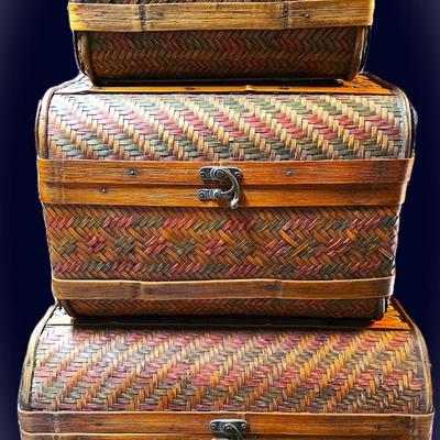 Vintage Woven Bamboo Nesting Trunk Set (3-Piece) with Domed Lids & Brass Latches