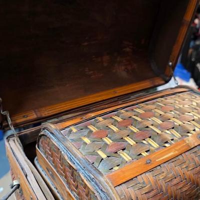 Vintage Woven Bamboo Nesting Trunk Set (3-Piece) with Domed Lids & Brass Latches
