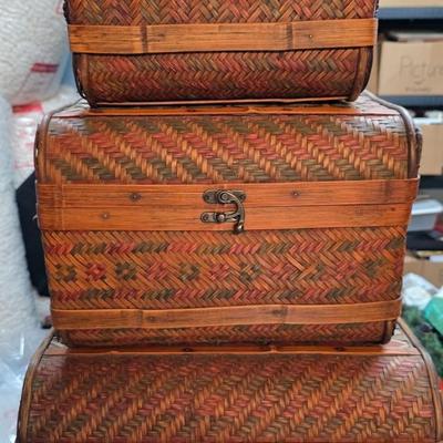 Vintage Woven Bamboo Nesting Trunk Set (3-Piece) with Domed Lids & Brass Latches