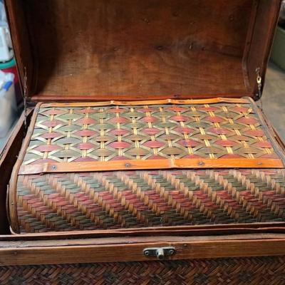 Vintage Woven Bamboo Nesting Trunk Set (3-Piece) with Domed Lids & Brass Latches