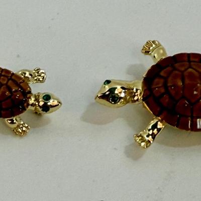 Two Vintage gold-tone and brown enamel turtle pin brooches with green rhinestone eyes