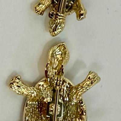 Two Vintage gold-tone and brown enamel turtle pin brooches with green rhinestone eyes