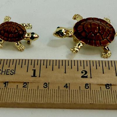 Two Vintage gold-tone and brown enamel turtle pin brooches with green rhinestone eyes