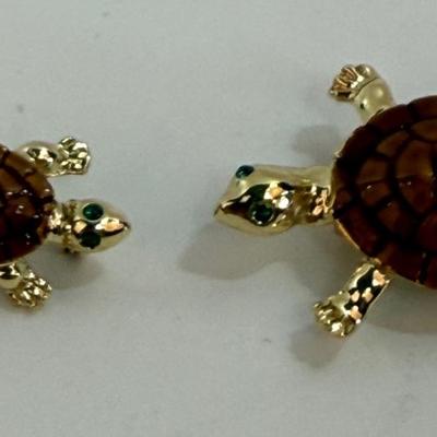 Two Vintage gold-tone and brown enamel turtle pin brooches with green rhinestone eyes